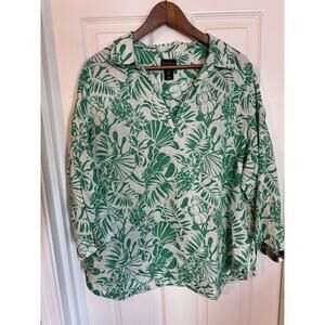 Nicole Miller 100% Linen 3/4 Sleeve Tunic Top Tropical Beachy Green 1X